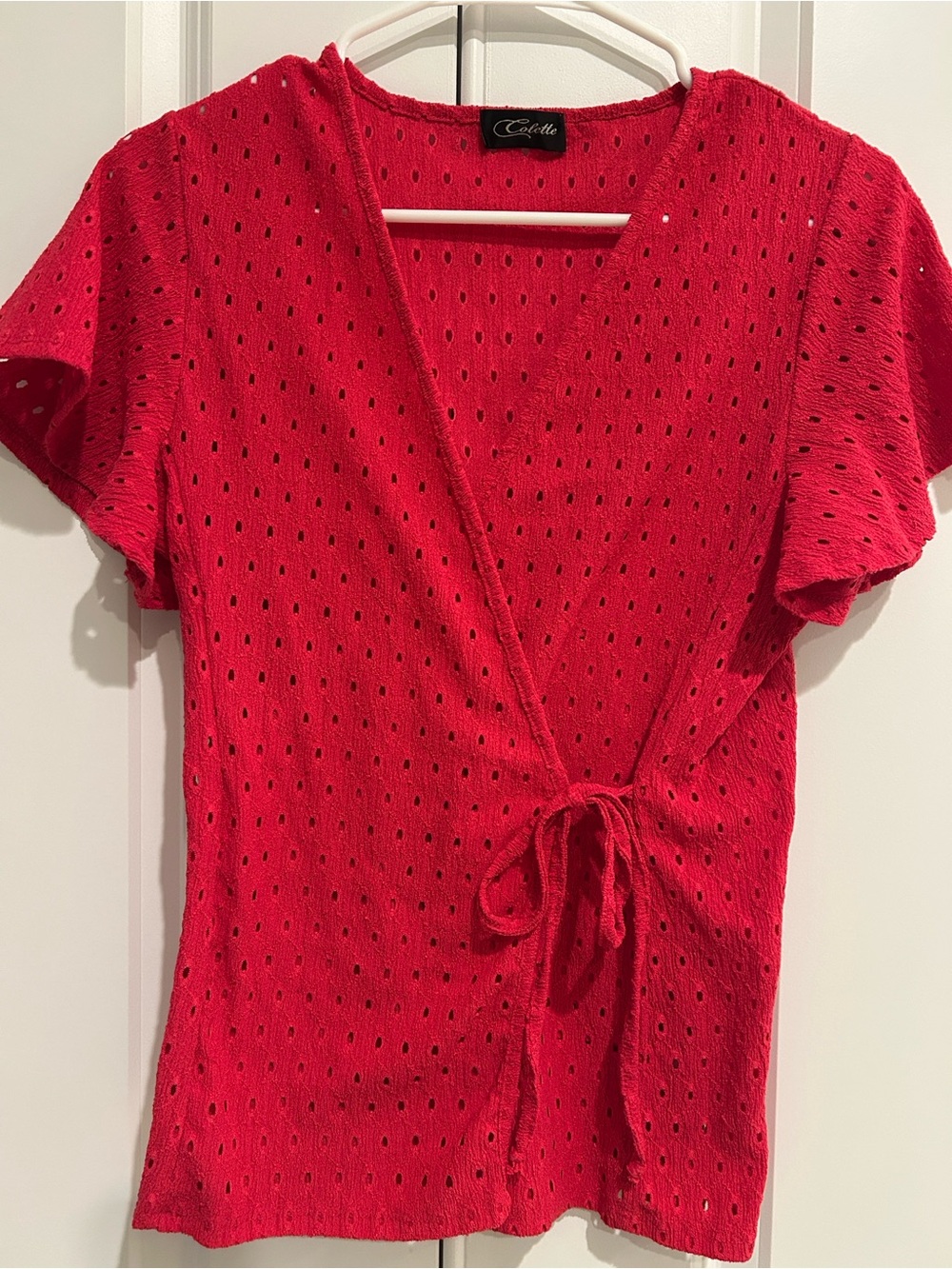 Fuchsia Eyelet Wrap Tie Short Sleeve Top NEVER WORN